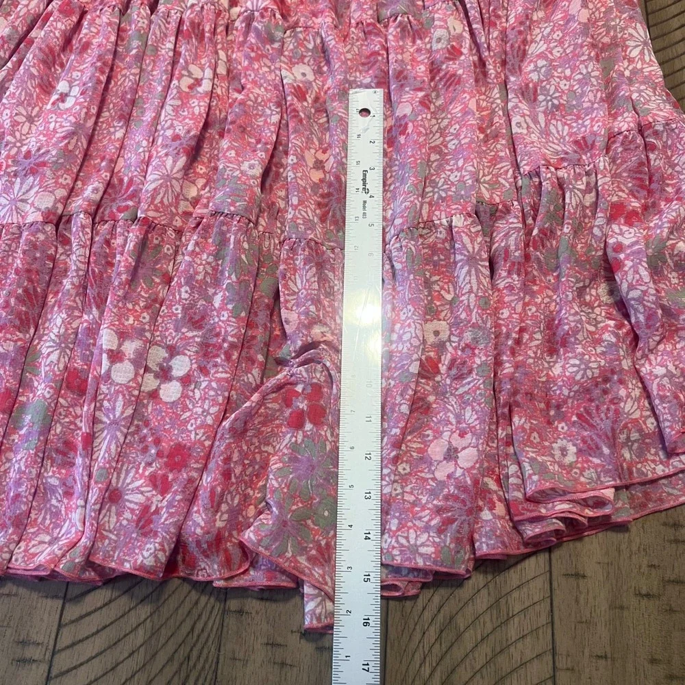 Free People Women's Small Dress Pink Floral Tiered Ruffle Boho Long Sleeve Midi